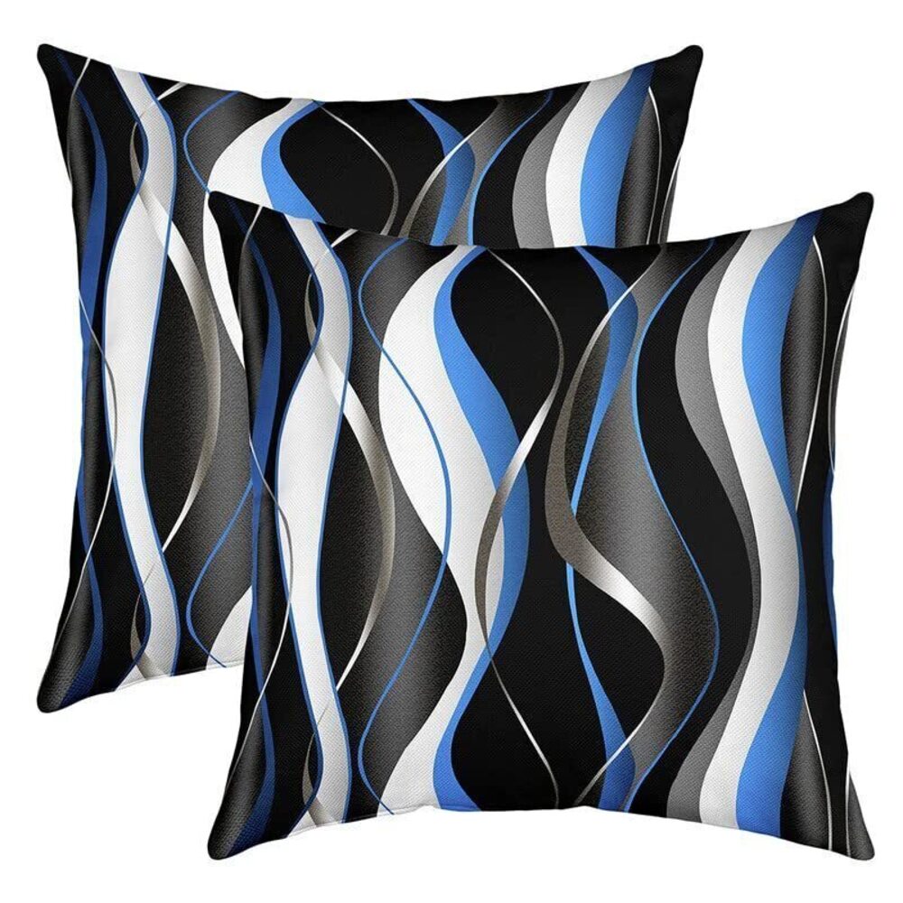1182 Stripes Blue Black White Throw Pillow Covers 22"x22" Set of 2 Soft